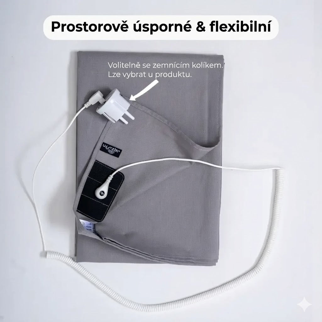 Uzemňovací prostěradlo Wurzler složené s kabelem a zástrčkou jako prostorově úsporné řešení